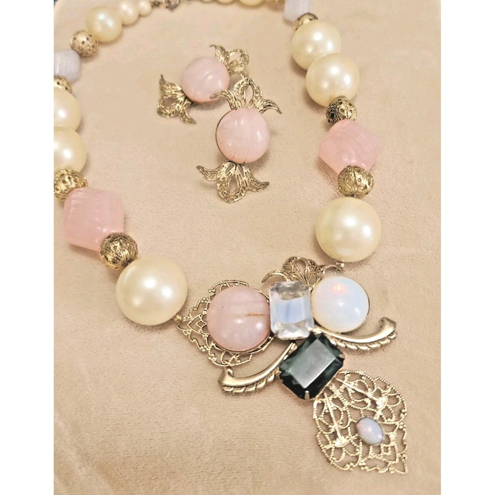 Vintage 80's Estate 18" Faux Pearl Glass Beaded Filigree Necklace /Clip Earrings